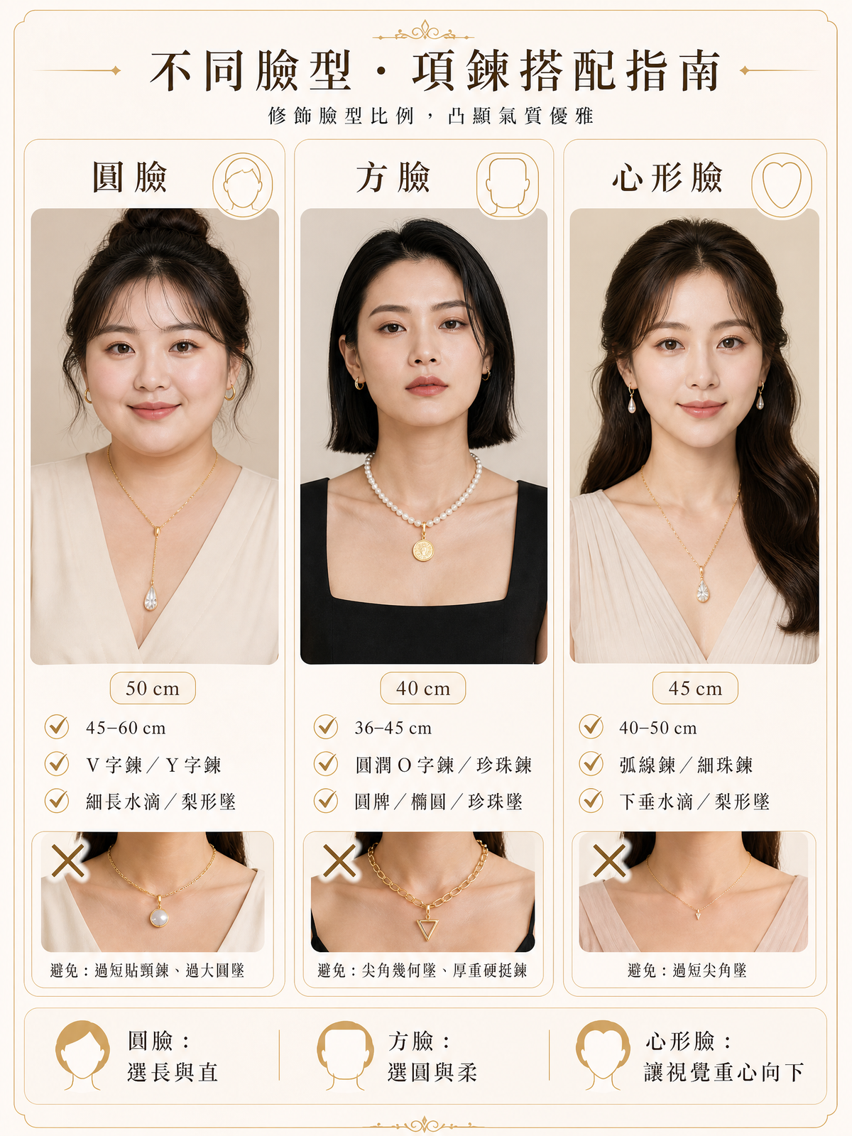 不同臉型項鍊搭配指南：圓臉、方臉、心形臉推薦款式與長度
