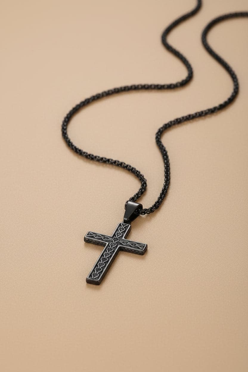 男士十字架項鍊側面展示－附鏈條細節 | Men's cross necklace side view with chain detail